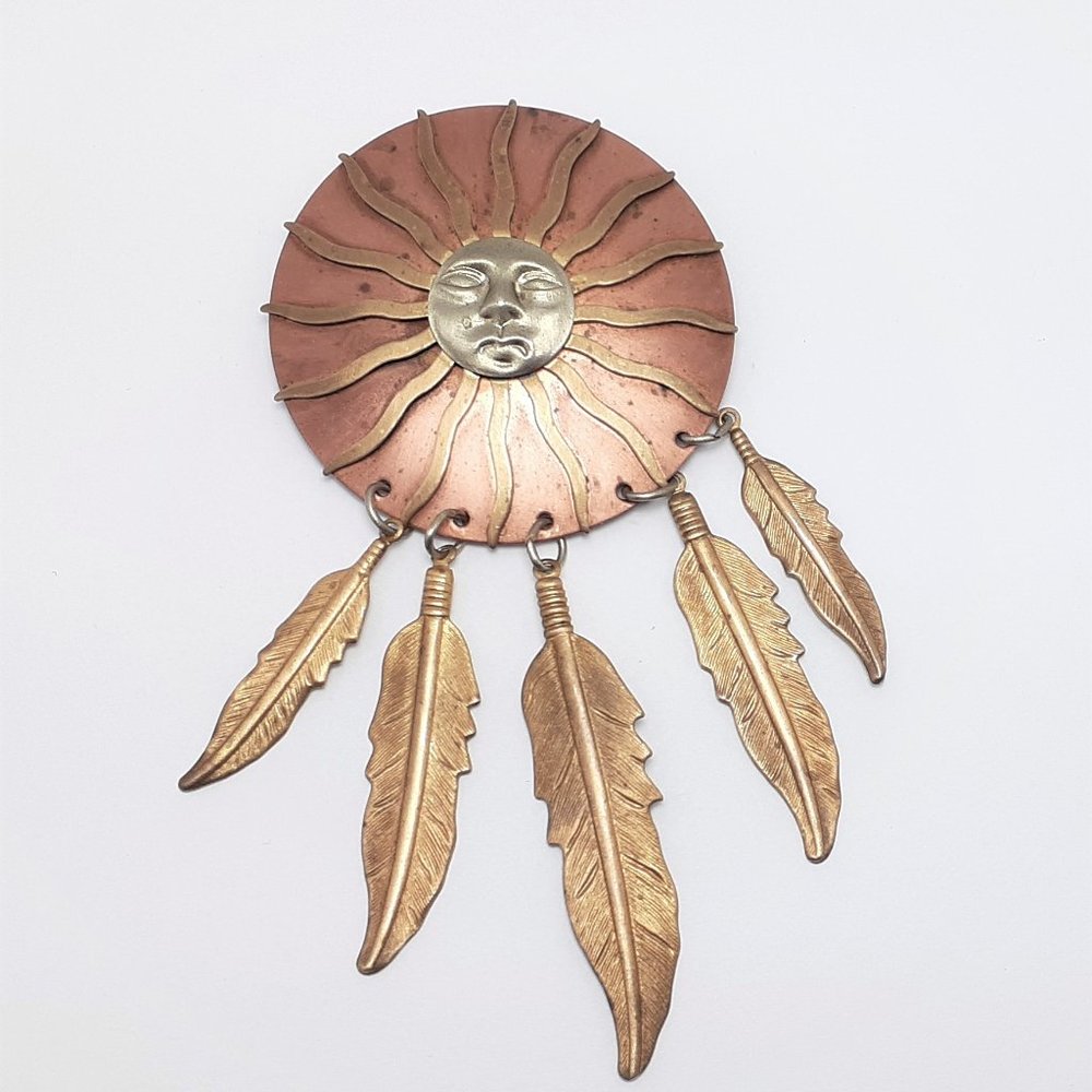 Vintage Sun Face Copper, Brass & Silver Brooch